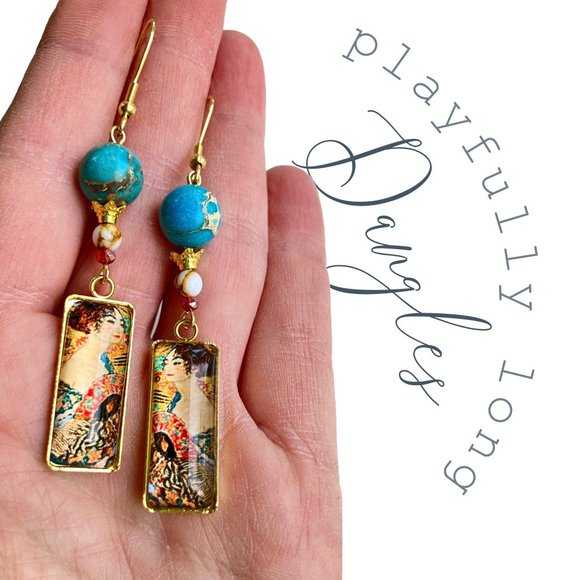 Lady with Fan Gustav Klimt Earrings Teal Stone Original Artisan Handmade Jewelry - Picture 4 of 7